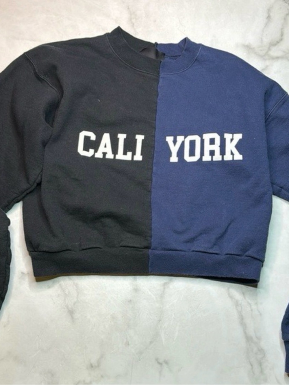 American Vintage Black and Navy Split 'CALI / YORK' Cropped Sweatshirt